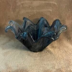 Vintage Murano Smokey Gray/Black/Copper Glitter Dust -Art Glass Wave Bowl